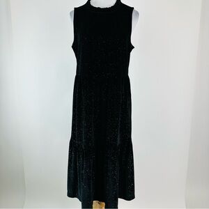 J. Crew Shimmer Velvet Midi Dress High Neck Black Gold Tiered Dress Size 12